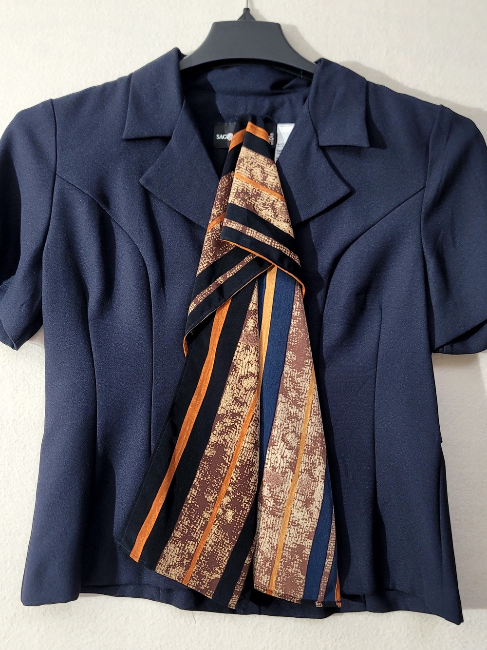 Sag Harbor Navy Short Sleeve Blazer with Attached Multi-Stripe Scarf
